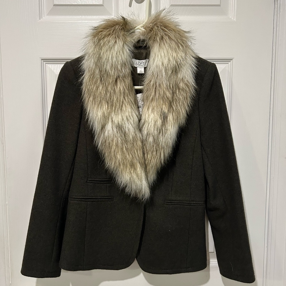 LOFT Black Blazer with Faux Fur Trim
